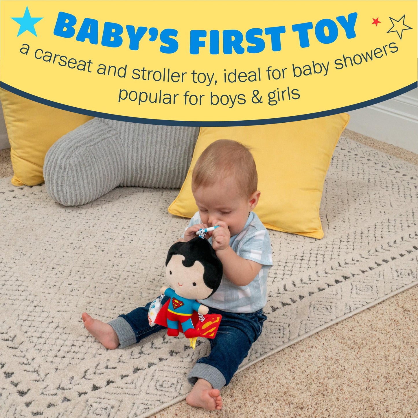 Kids Preferred DC Comics Superman Multi Sensory Activity Toy with Teethers, Crinkle Textures, and Clip for On The Go Fun for Infant and Baby Boys and Girls, Medium