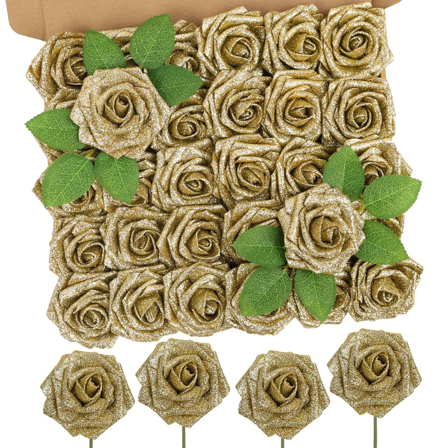 MACTING 30PCS Artificial Flowers Real Touch Foam Roses with Stem Fake Glitter Flowers for DIY Wedding Bouquet Table Centerpieces Party Holiday Wreath Home Graduation Decorations,Gold