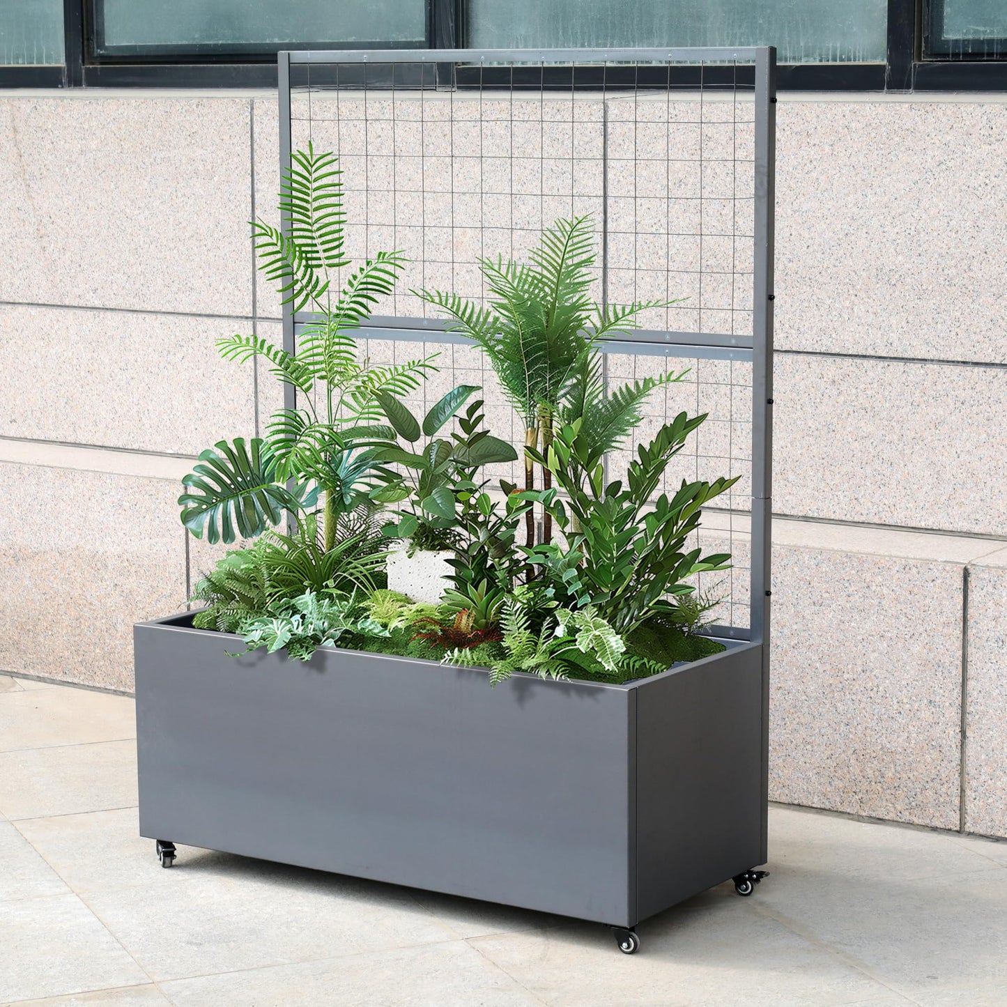 Metal Rolling Planter Box with Lattice Trellis, Modern Steel Planter Box Trellis Corten Trough Planter with Casters 66” x 46” x 21” (Original Metal)