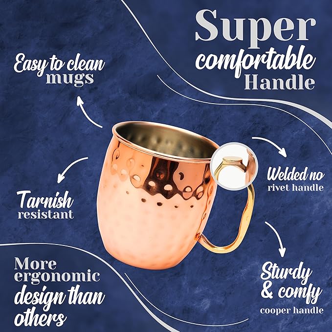 Moscow Mule Mugs Set of 24| Food Safe | High Grade Stainless Steel Mugs with Pure Copper Plating | Brass Handles with Thumb Rest |19 OZ | Large Size