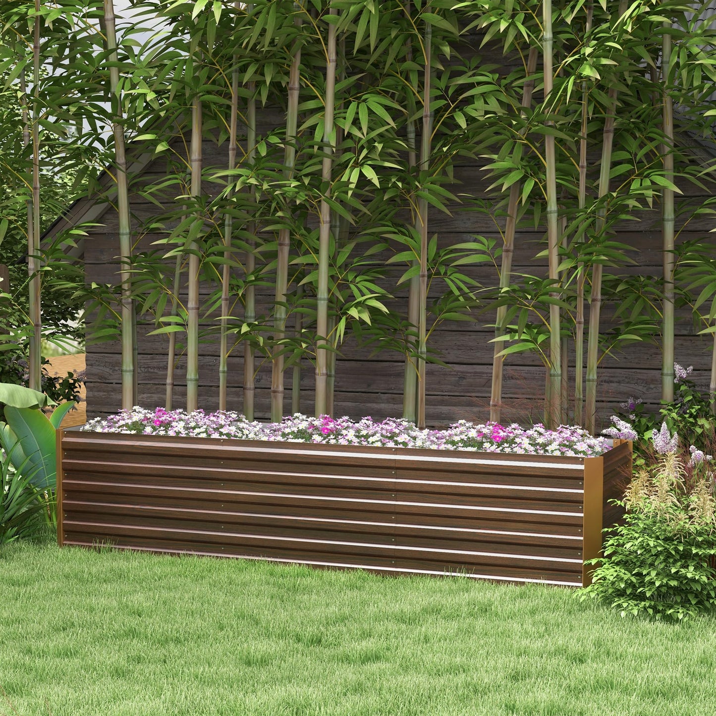 Amacv 8x2x2ft Galvanized Raised Garden Bed Kit, Outdoor Metal Elevated Planter Box with Safety Edging, Large Raised Bed for Growing Flowers, Herbs and Vegetables, Brown
