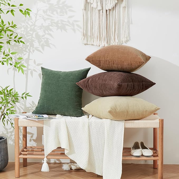 GAWAMAY Decorative Square Throw Pillow Covers 18x18 Inch Set of 4, Super Soft Chenille Pillows Cover Fall Pillowcase for Living Room Bedroom Sofa Couch Cushion Cover Khaki 45x45cm (No Insert)