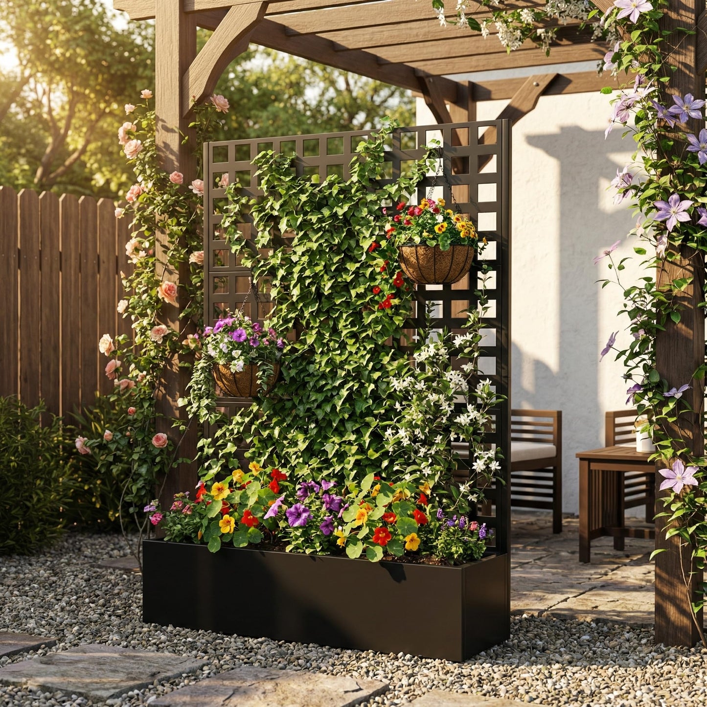 TABU Metal Planter Box with Trellis, 71"x47"x16" Galvanized Steel Raised Garden Bed with Privacy Screen, Multi-Functional Outdoor Standing Planter with Drainage Holes for Climbing Plants, Black