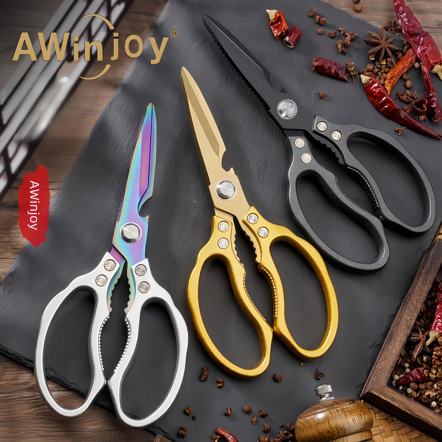 AWinjoy Japanese Gold Kitchen Scissors, Heavy Duty Stainless Steel, Multipurpose Cooking Shears, Dishwasher Safe