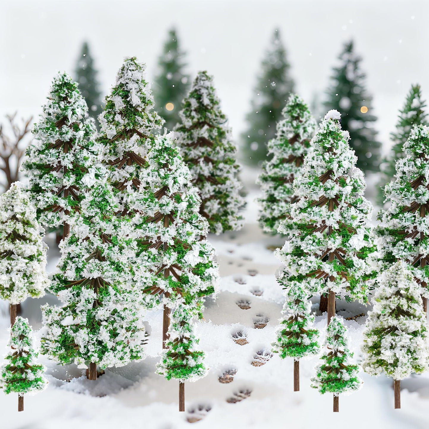 jiebor 28pcs Mini Christmas Trees Small Fake Miniature Snow Pine Model 2-5 Inch for DIY Village Train Railway Sand Table Buildings Architecture Diorama Garden Scenery Decor Supplies Green