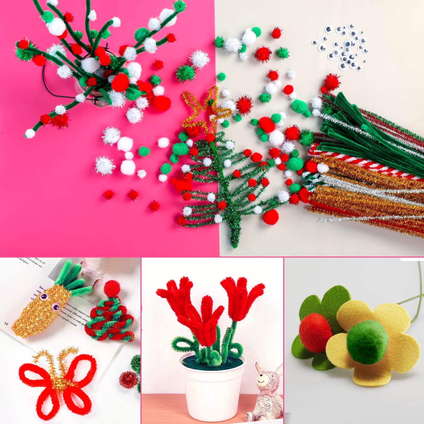 Christmas Pipe Cleaners,700 Pcs Pipe Cleaners Craft Set Including 200 Pcs Pipe Cleaners,400 Pcs Pom Poms Balls,100Pcs Wiggle Googly Eyes Self Adhesive Suitable for Home&School DIY Art Crafts