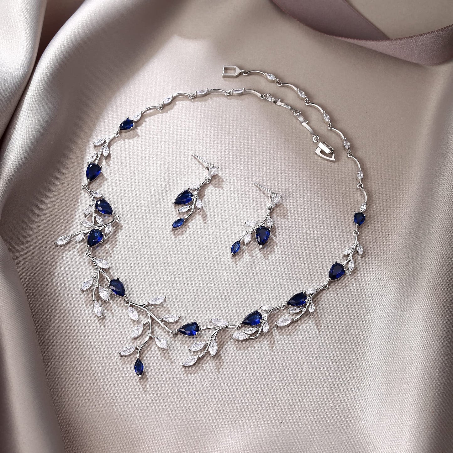 EVER FAITH Teardrop Wedding Bridal Jewelry Set for Brides Sparkly Blue CZ Pear-Shaped September Birthstone Necklace Earrings Sets