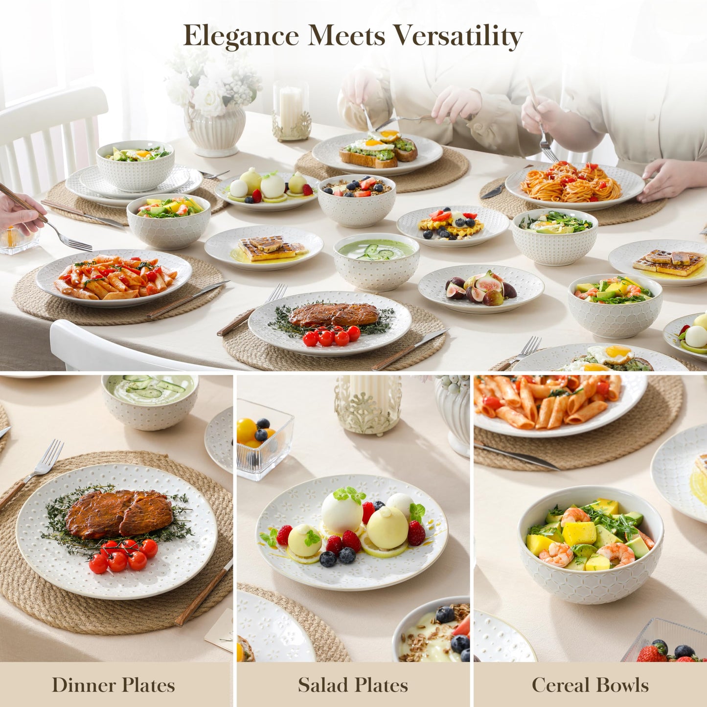 MALACASA 24 Piece Dinnerware Set, Embossed Ceramic Dish Sets Service for 8, Plates and Bowls Set, Durable Stoneware Tableware for Family Dinners, Dishwasher & Microwave Safe