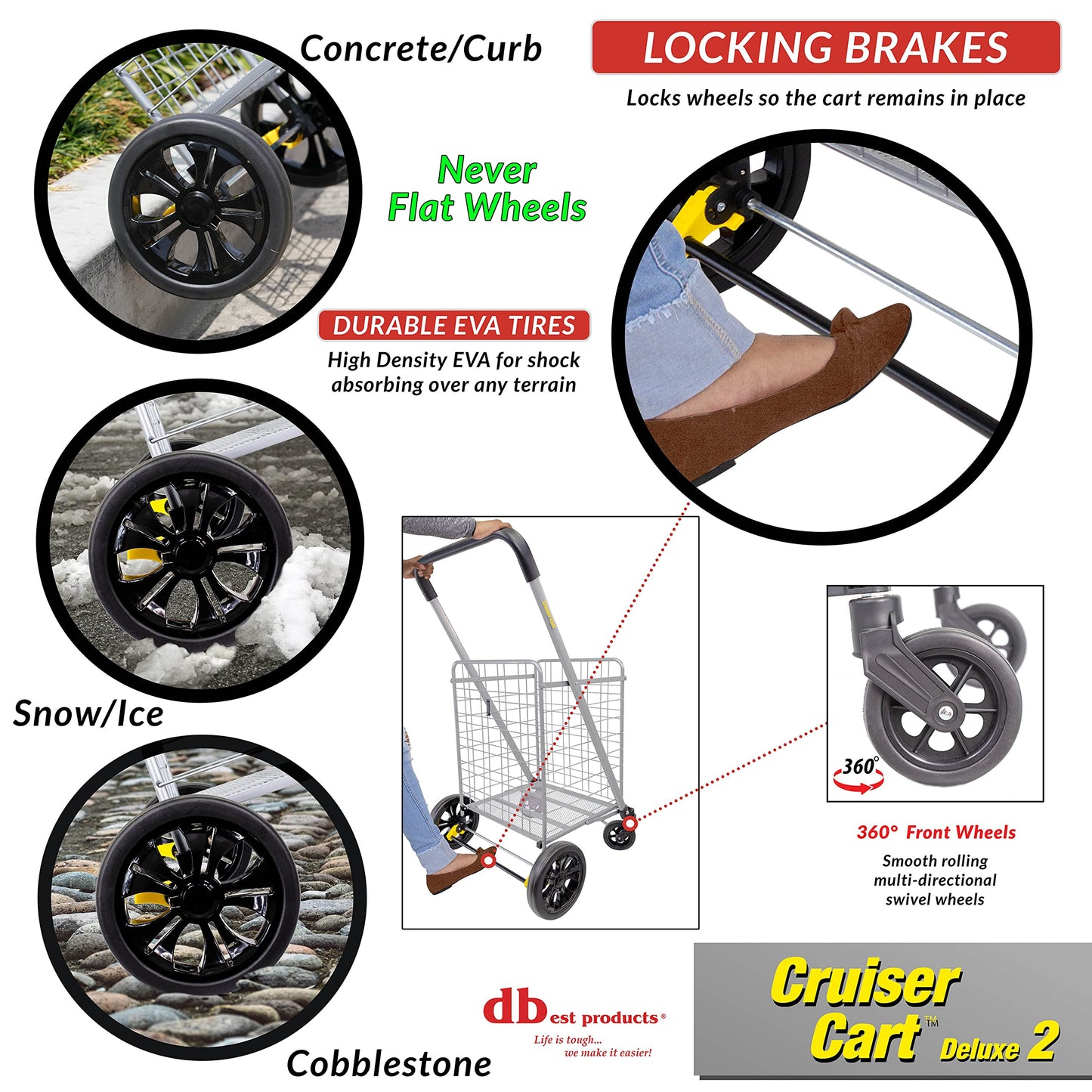 dbest Products Cruiser Cart Deluxe 2 Germ Guard Bundle Shopping Handle Grocery Rolling Folding Laundry Basket on Wheels Foldable Utility Trolley Compact Lightweight Collapsible
