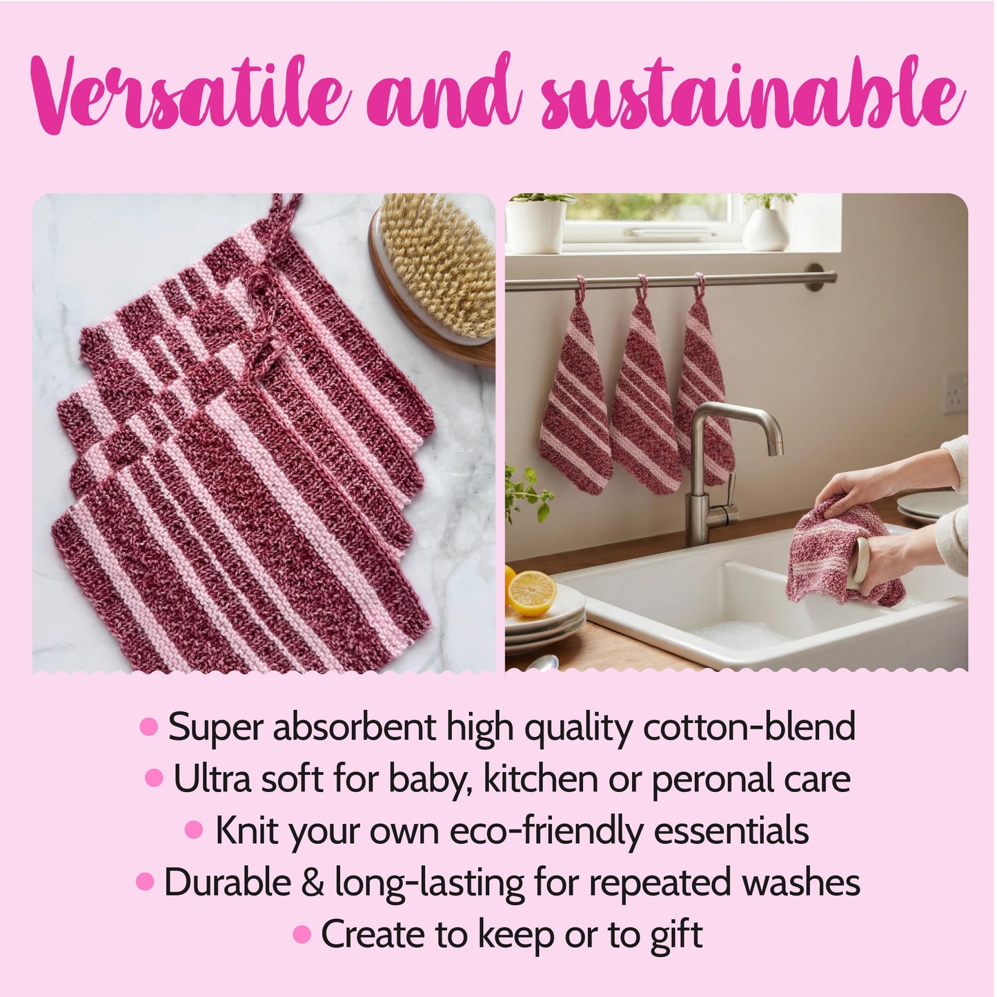 KnitPal Everyday Joy Knitting Kit – Make 4 Reusable Dishcloths for Confident Beginners – Cotton to The Core Yarn (#3 DK), Needles, Patterns & Video Tutorials (Cherry Red + Blush Pink)