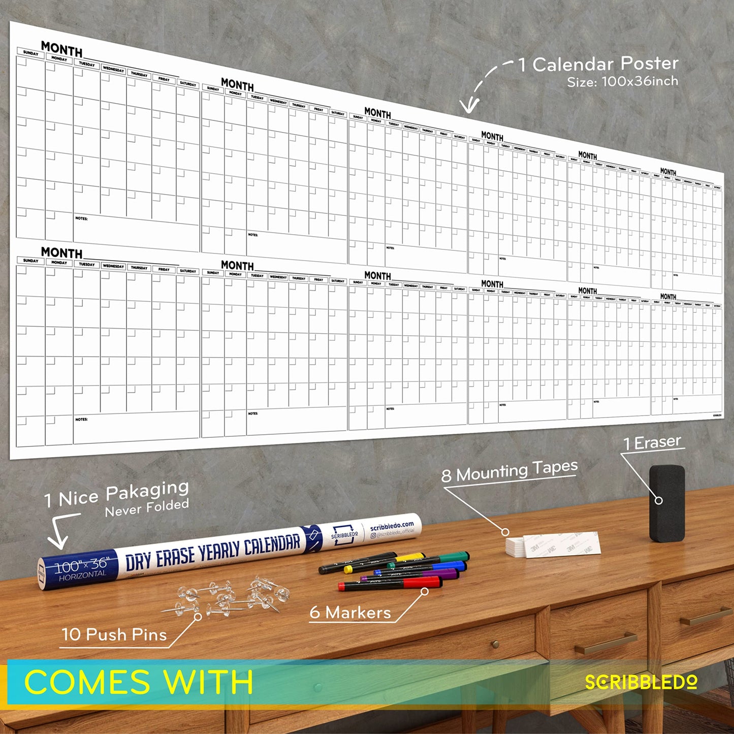Extra Large 100"x36" Dry Erase Monthly Planner – 12-Month Whiteboard Calendar Includes 6 white Board Markers Eraser Push Pins & Mounting Tape