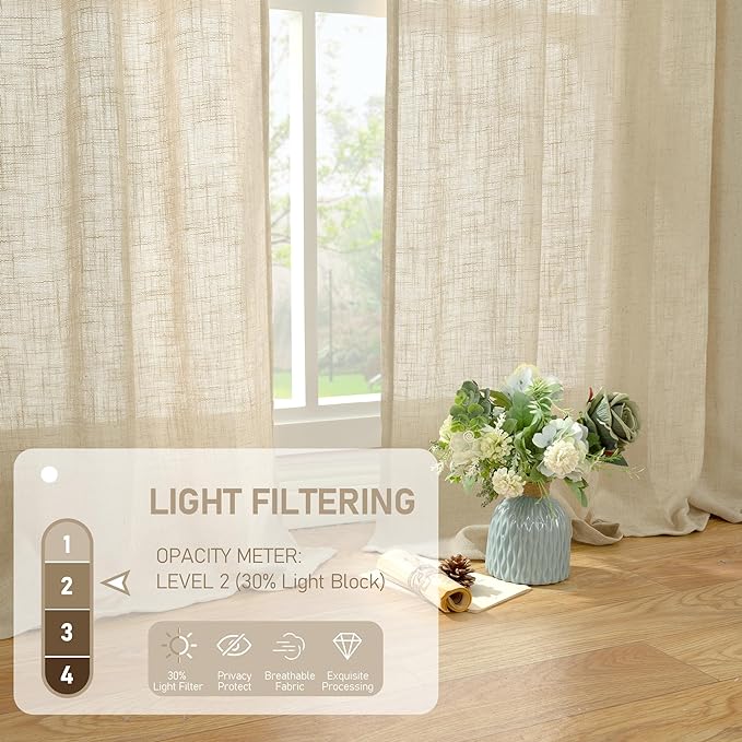 LAMIT Extra Wide Linen Curtains for Bedroom, Natural Light Filtering Faux Linen Textured Panels Semi Sheer Back Tab and Rod Pocket Boho Drapes for Living Room/Farmhouse, 2 Panels, Linen, 60 x 84 Inch