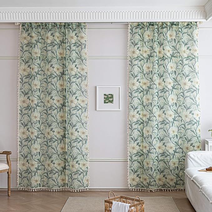 Green Floral Sheer Curtains 96 inch Long, Fringed Edges and Textured Semi Sheer Curtains Large Window Treatments for Living Room/Bedroom, 2 Panels