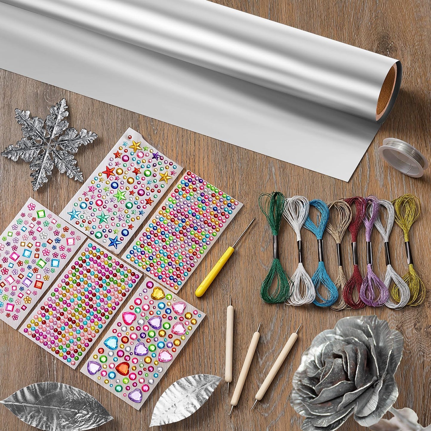 Yaocom Metal Embossing Kit, 1 Roll of 20ft Aluminum Embossing Foil, Decorative Art Craft Metal Foil Sheet Tools, Silver Shimmer Crafting Accessory, Creative Artwork Making Kit, Handcraft Supplies