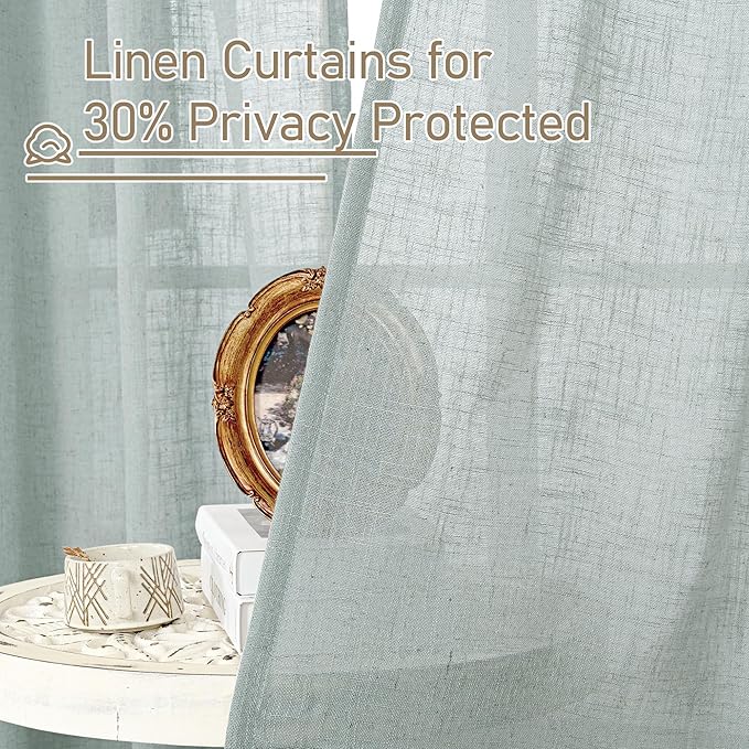 LAMIT Short Linen Window Curtains 30 Inches Long 2 Panels, Greyish Blue Semi Sheer Light Filtering Panels Back Tab and Rod Pocket Neutral Drapes for Basement/Small Windows, 34 x 30 Inch