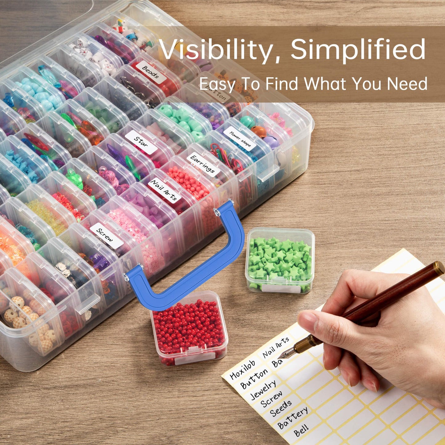Bead Organizer Box with Handle, 61Pcs Small Bead Storage Boxes with Hinged Lid and Portable Craft Case, Mini Clear Plastic Container for Jewelry Making Supplies Bracelet Screws Seeds Nails Small Parts