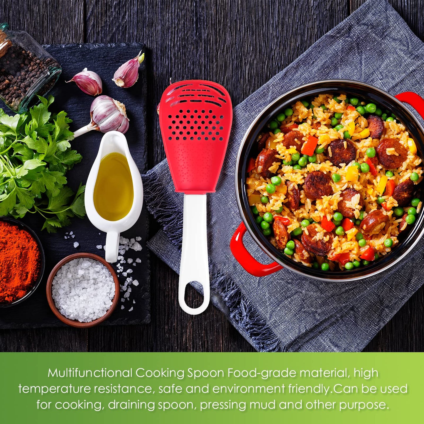 Chengu 6 Pieces Multifunctional Kitchen Cooking Spoon Heat Resistant Kitchen Spoons Colander Skimmer Scoop Egg Yolk Separator Gadgets Strainer for Grating, Draining, Mashing(Red)