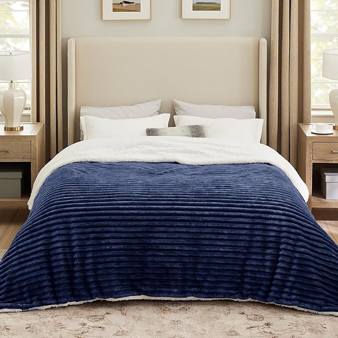 Bedsure Sherpa Blanket Queen Size for Bed - Super Soft, Cozy Fleece Thick Warm Blanket for Winter, GentleSoft Home Room Decor, Navy Blue, 90x90 Inches