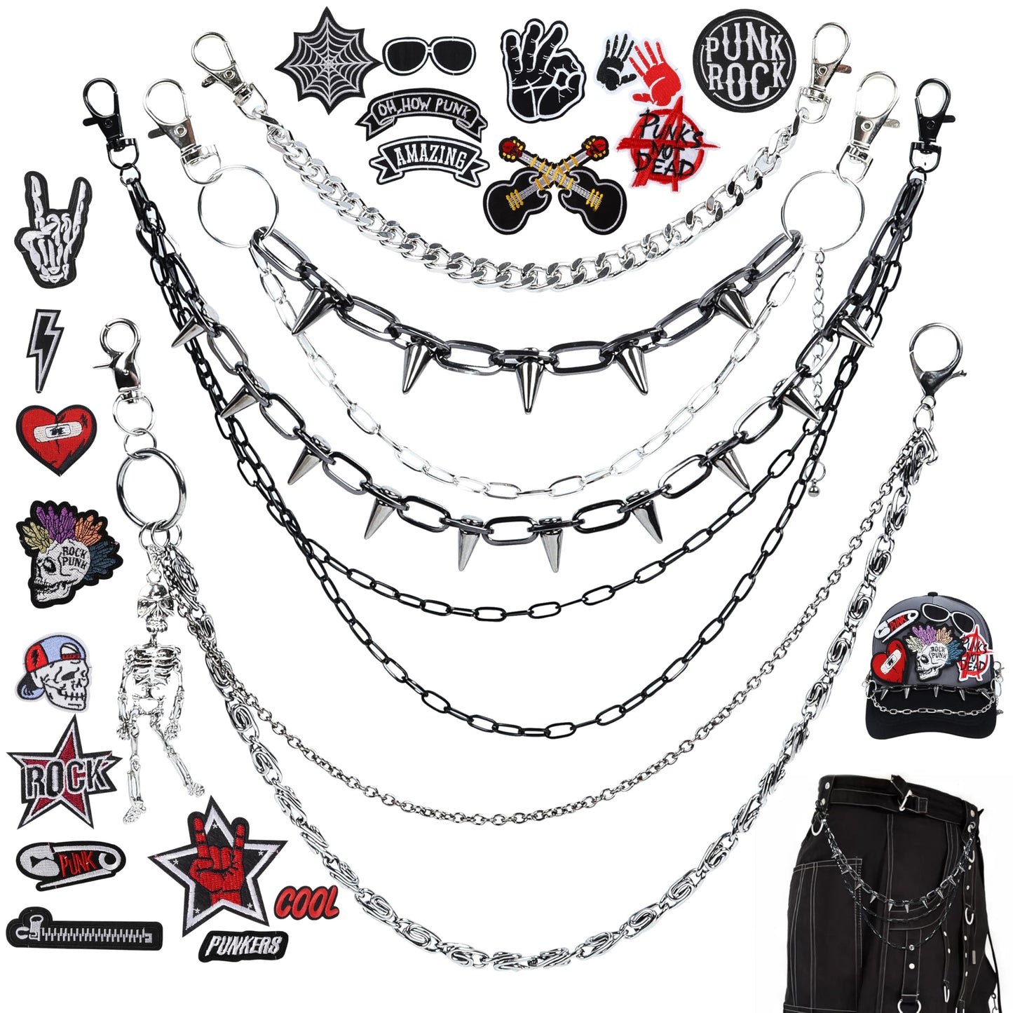 Meneng Punk Chains Kit for Men: 24PCS Black Hats Pants Chain with Embroidered Patch - Goth Hip Hop DIY Crafts for Jeans Wallets Belts Pockets Trucker Hats