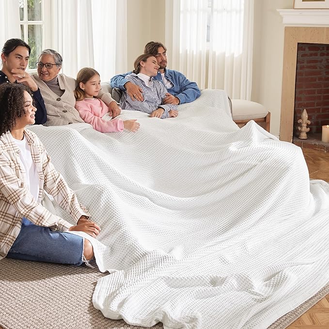 Bedsure 100% Cotton Large Blanket Oversized King for Bed - Breathable Waffle Weave Blanket for Summer Spring, Couch Cover, White, 120x94 inches
