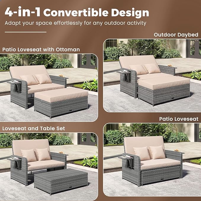 HAPPYGRILL Patio Rattan Wicker Daybed with Loveseat & Storage Ottoman, Outdoor Lounge Sofa Furniture Set with Adjustable Backrest & Side Trays, for Poolside Deck Porch Lawn (Mix Grey & Beige)