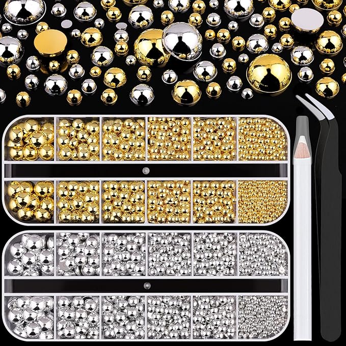 Belleboost Flat Back Pearls Kits, 2 Boxes Flatback Half Round Silver Gold Pearls for Bedazzling with Pickup Pencil and Tweezers for Crafting Home DIY and Professional Nail Art, Face Makeup and Craft