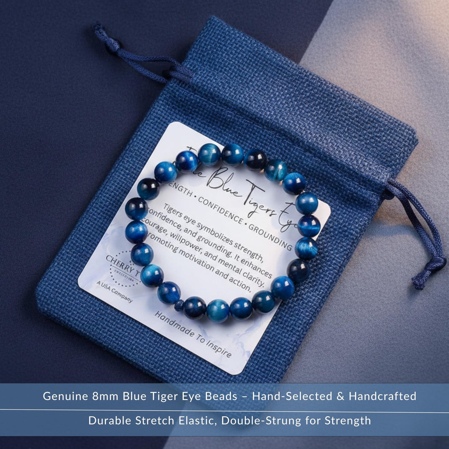 Cherry Tree Collection – Handmade Crystal Beaded Stretch Bracelets with Jade Blue Tiger's Eye for Women & Men - 8mm Round Gemstone for Protection, Balance & Luck, Small
