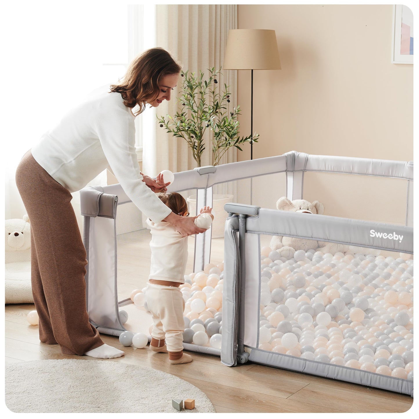 Sweeby Baby Playpen, 59x59 Inch Baby Gate Foldable Playpens for Babies and Toddlers, Extra Large Playpen with Door Play Yard for Kids Fence Indoor and Outdoor Play Pen, Gray