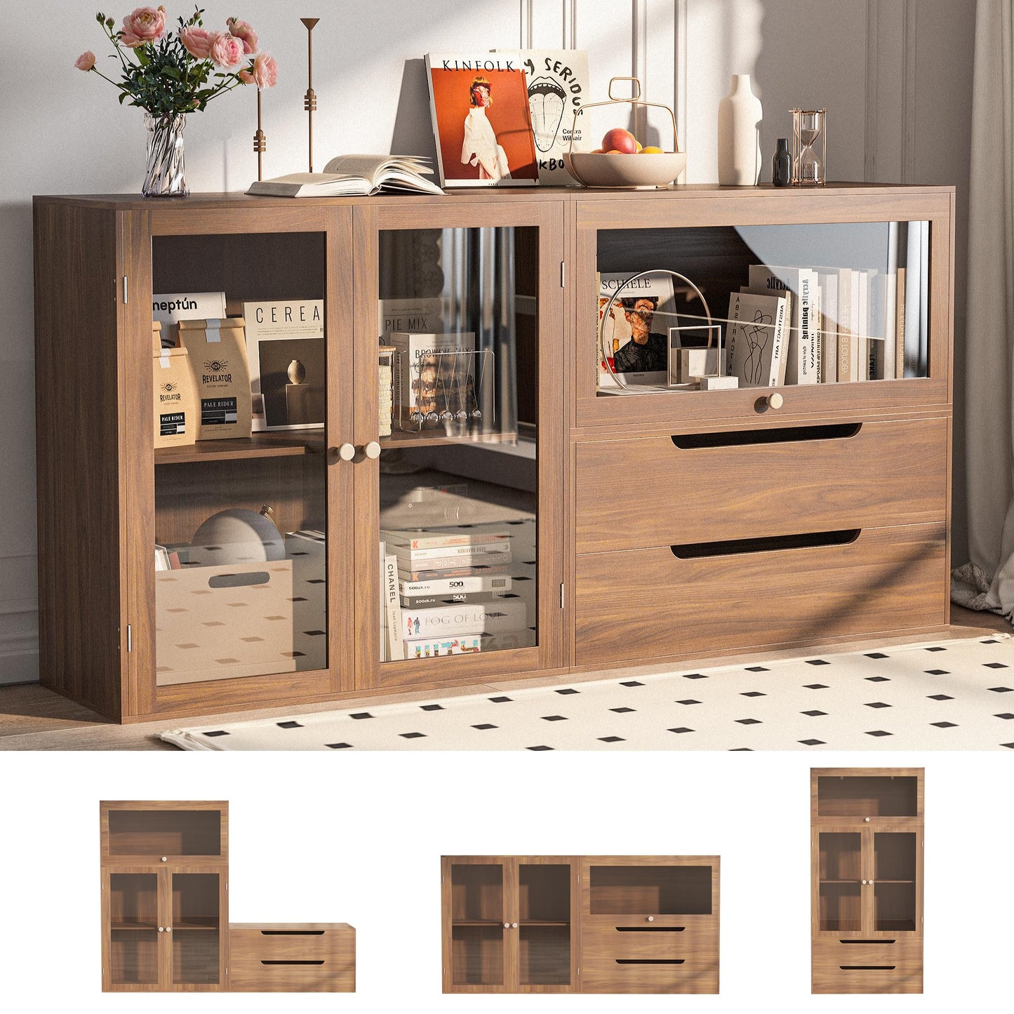 Easyego 63‘’Storage Cabinet,Sideboard Buffet Cabinet with Glass Doors and Drawers,Modern Wood Coffee Bar for Kitchen, Living Room,Dining Room，Entryway-Walnut