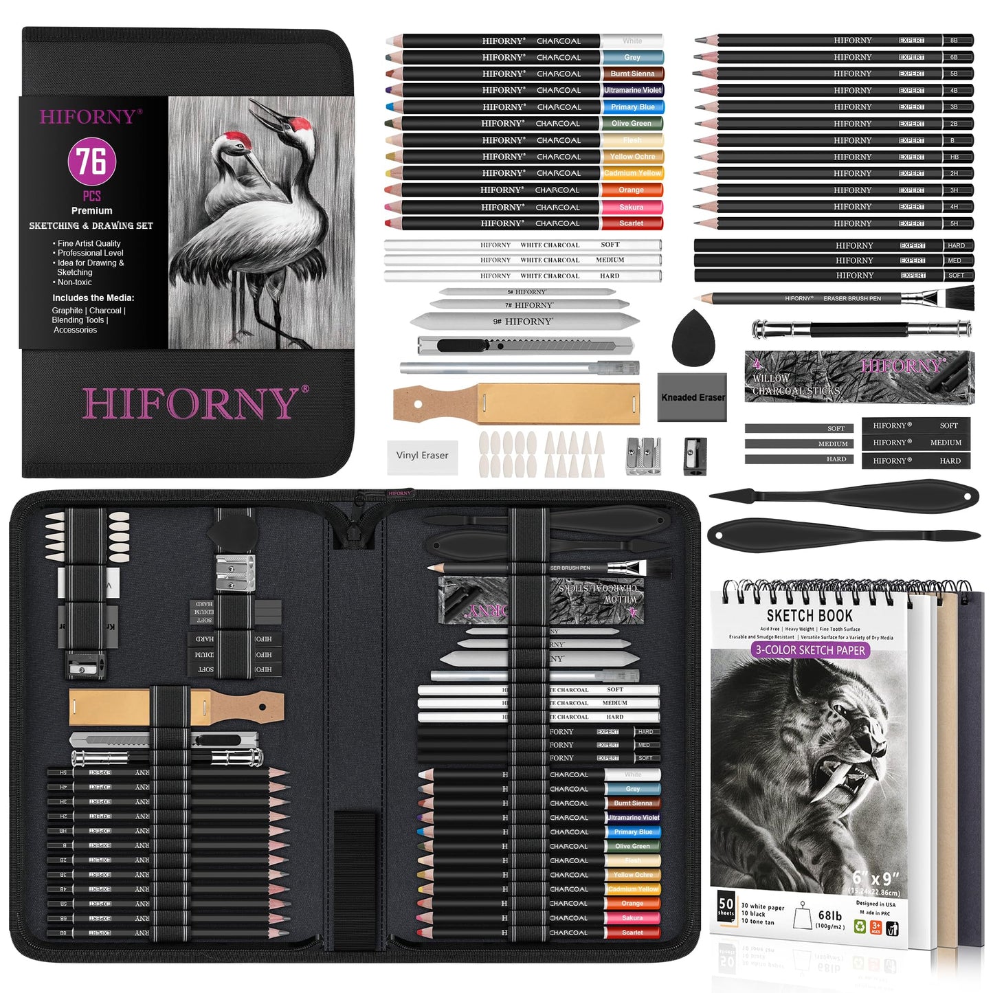 HIFORNY 76 PCS Drawing Set Sketching Kit,Sketch Pencils Art Supplies with Graphite,Charcoal,Blending Tools & Accessories,Portable Zippered Travel Case for Artists & Beginners
