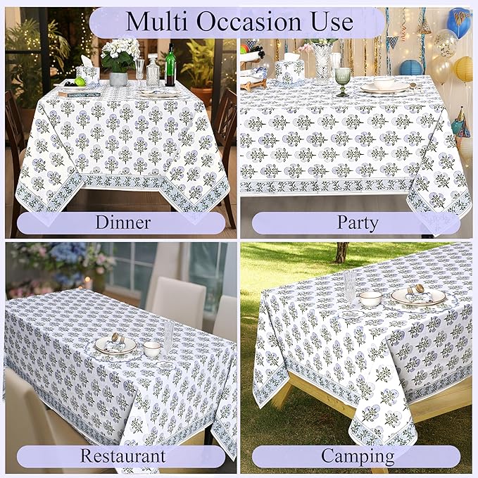 Ridhi Hand Block Print Mughal Buta Blue Rectangle Cotton Tablecloth 108" x 70" Reusable Table Cover Decorative Everyday Use for Dining, Farmhouse, Home Gift for Spring, Easter, Valentine