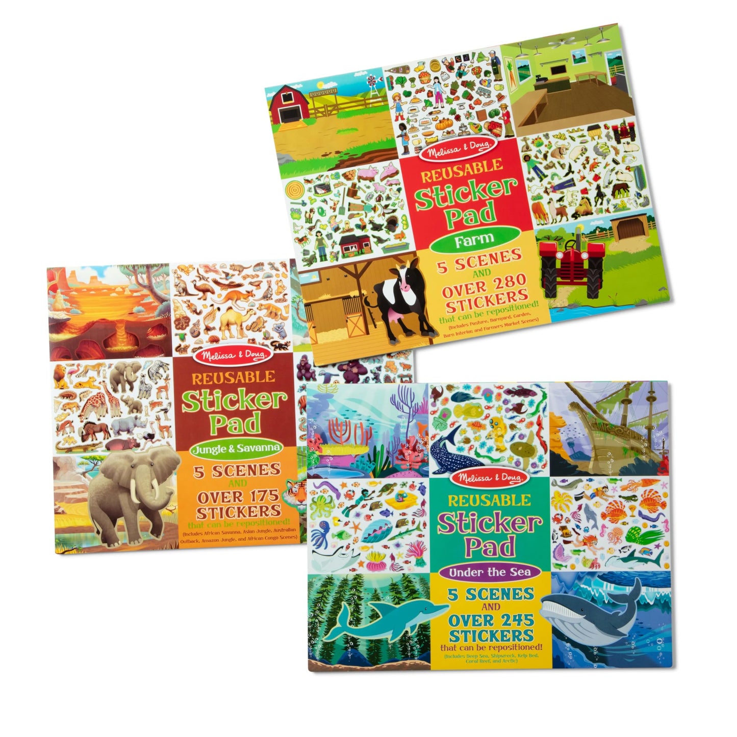 Melissa & Doug Reusable Sticker Pad Bundle - Jungle, Farm & Under The Sea