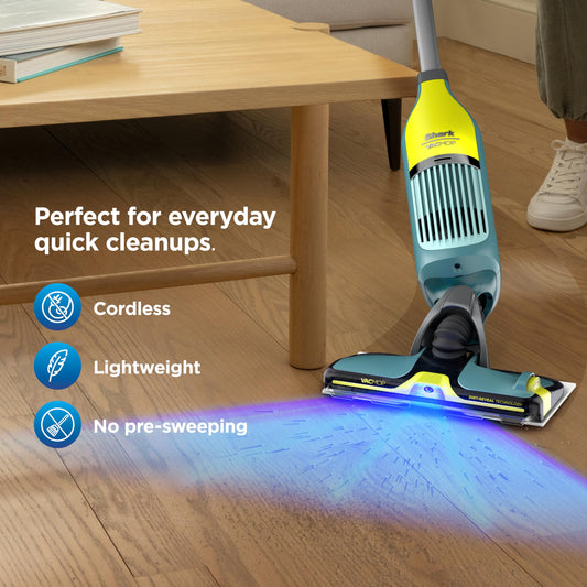 Shark VACMOP Reveal NEW Cordless Hard Floor Cleaner, Vacuum & Spray Mop, Powerful Suction, Lightweight, Illumination Light, Includes 4 Disposable Pads, 12oz Pet Multi-Surface Cleaning Solution, VM401