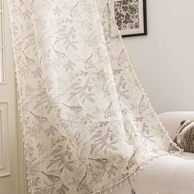 Birds Sheer Curtains 72 inch Long, Fringed Edges and Textured Semi Sheer Curtains Large Window Treatments for Living Room/Bedroom, 2 Panels