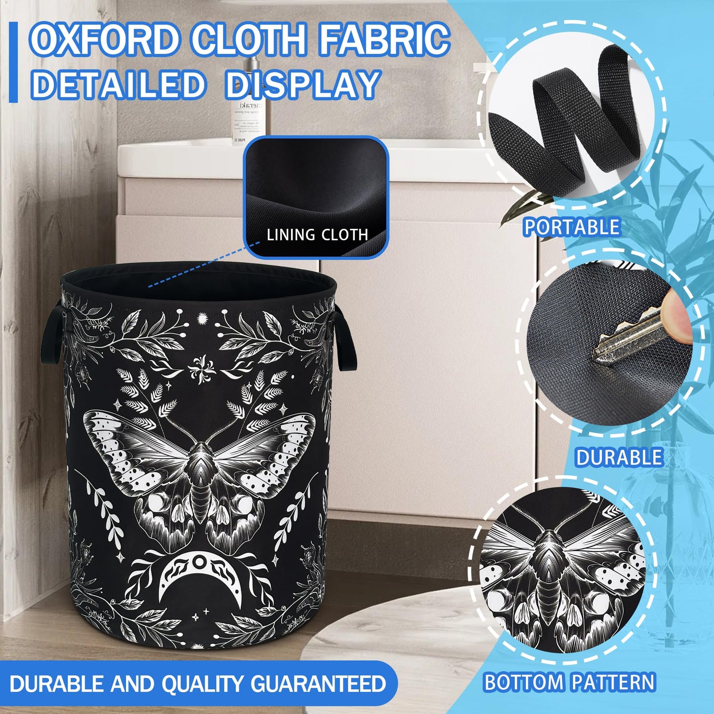 Moth Laundry Basket Oxford Cloth Funny Butterfly Laundry Hamper With Handle Foldable Portable Clothes Storage Basket 18.9 X 16.5 In Storage Bag For Laundry Room/Bathroom/Bedroom/Dormitories