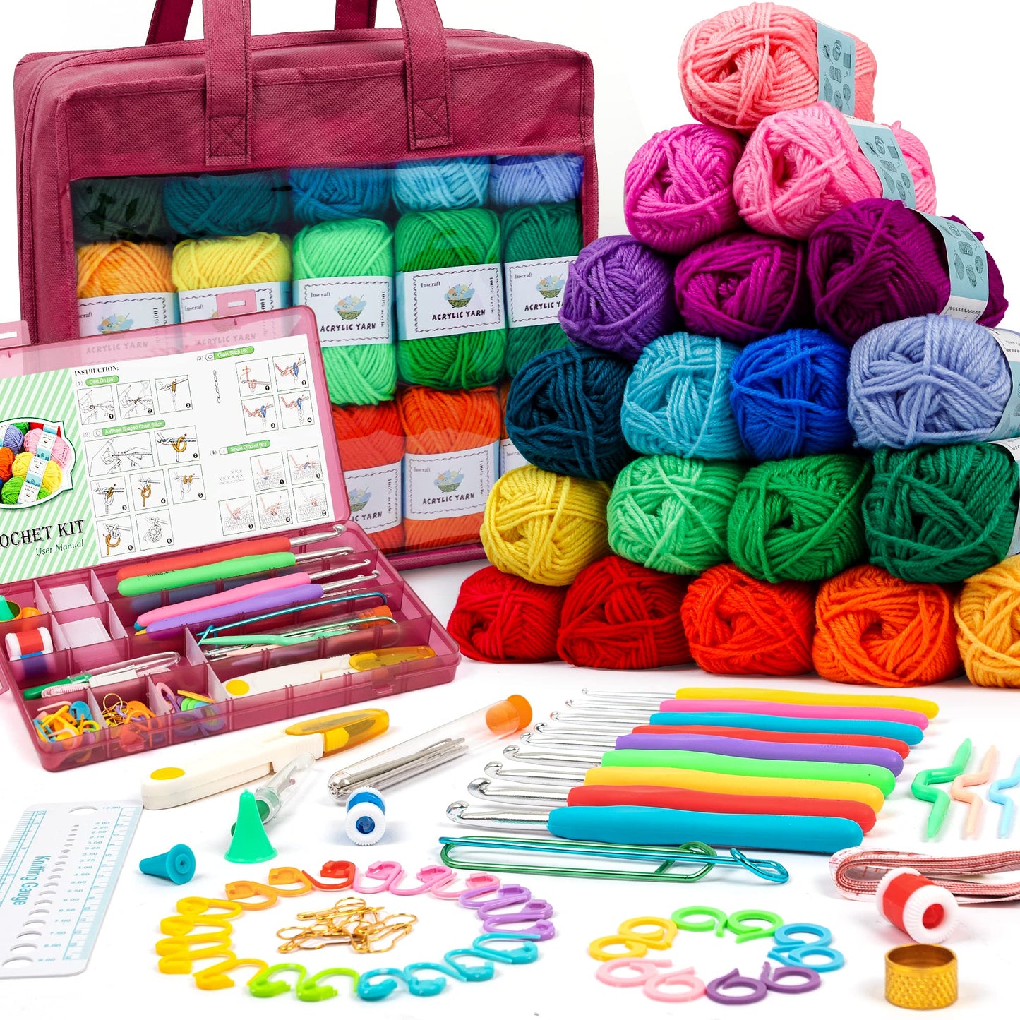 INSCRAFT Crochet Yarn Kit for Beginners Adults, Includes 1650 Yards 30 Colors Acrylic Skeins, User Manual, Hooks, Wine Bag etc, Make Amigurumi & Projects, Starter Set Professionals