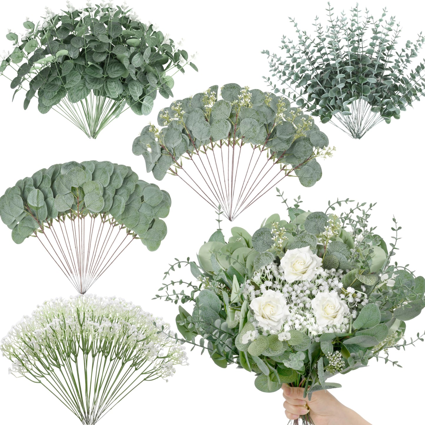Palonu 200 Pcs 5 Kinds Mixed Artificial Eucalyptus Leaves Stems Bulk Babys Breath Eucalyptus Bundle Faux Plants Greenery for DIY Bouquets Floral Arrangement Wedding Engagement Party Decor