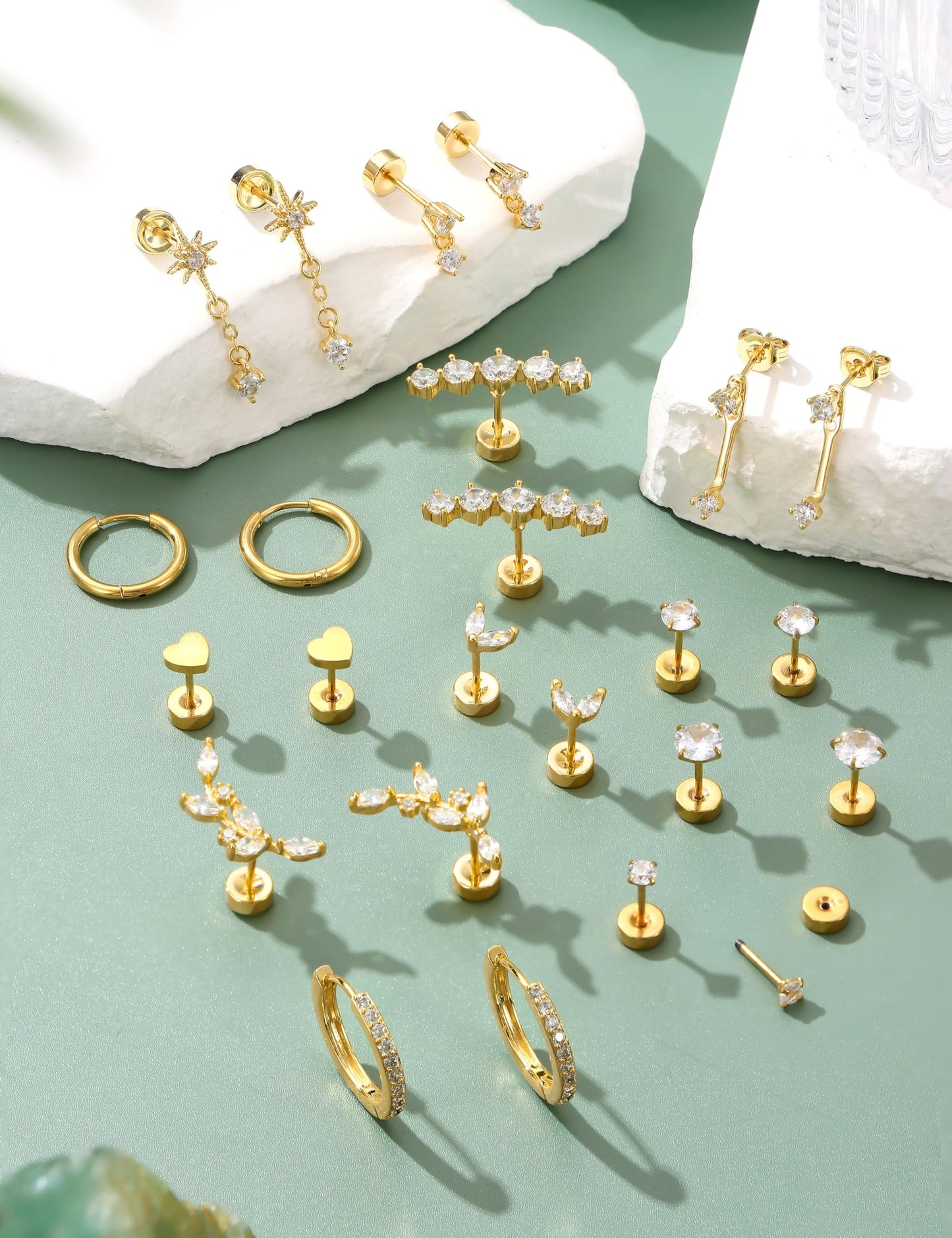 LOLIAS Hypoallergenic Flat Back Earrings Cartilage Earring Stacks - Surgical Steel Earrings for Sensitive Ears - Small Stainless Steel Flatback Stud Hoop Earring Sets for Helix Tragus Conch Daith Multiple Piercing Jewelry Trendy 14K Gold Plated