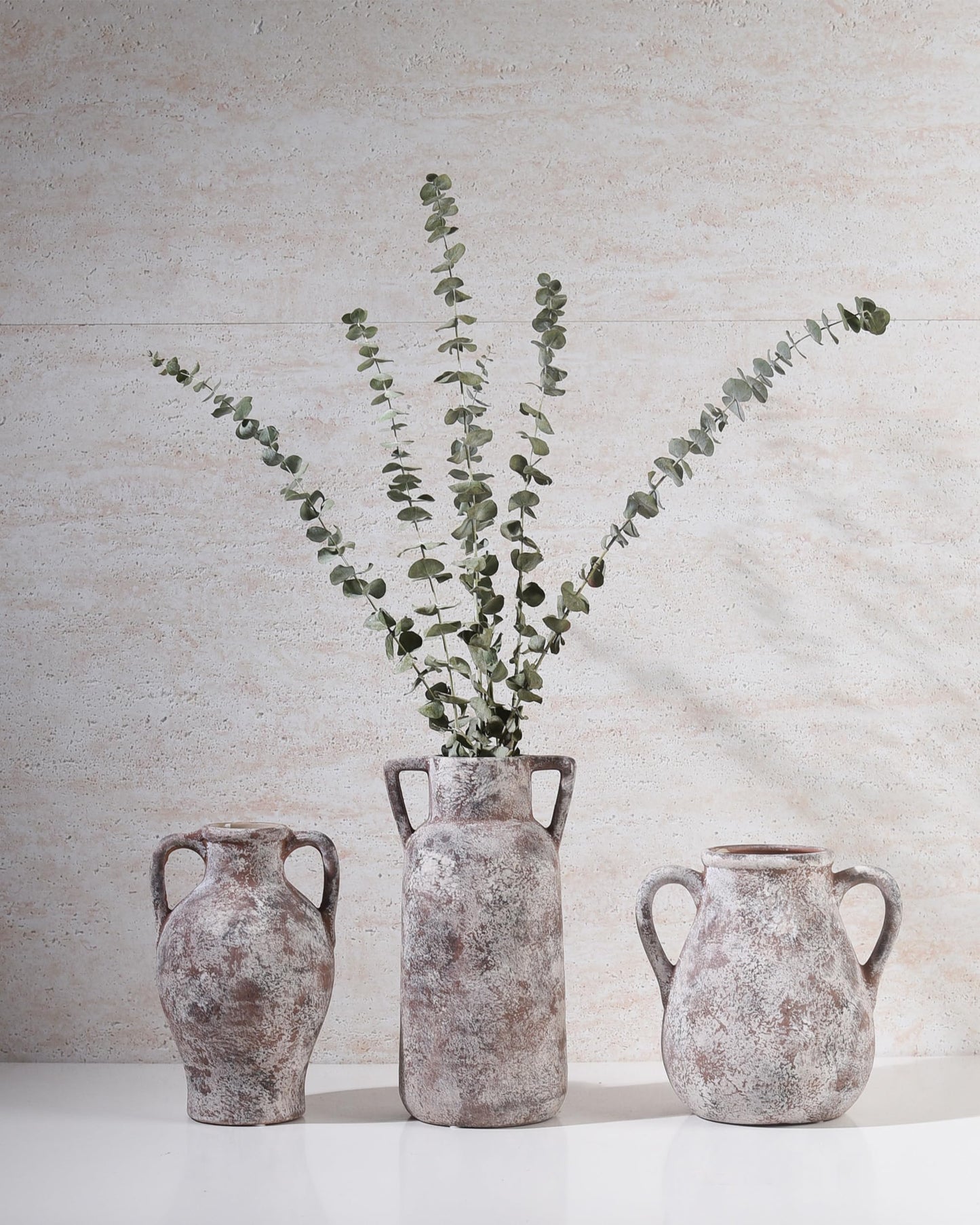KensTro Ceramic Vase Set of 3, Handmade Rustic Farmhouse Vases with Handles, Glazed Interior, Aged Terracotta Finish, Boho Home Decor for Table, Shelf, Mantel, Flower Arrangement