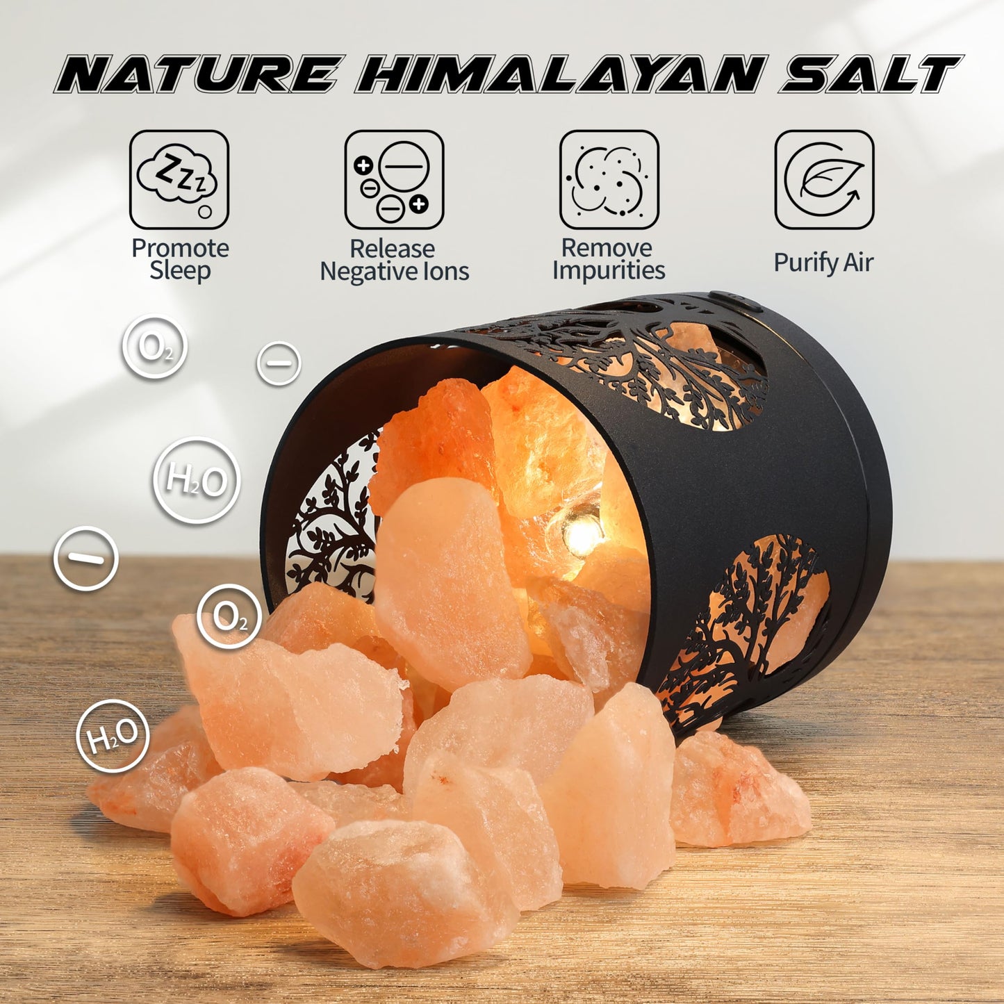 SUNYA Himalayan Salt Lamp - Metal Basket with 5 LED Bulbs, Pink Rock Salt Lamp Night Light with USB Power Cable. Battery Powered Support