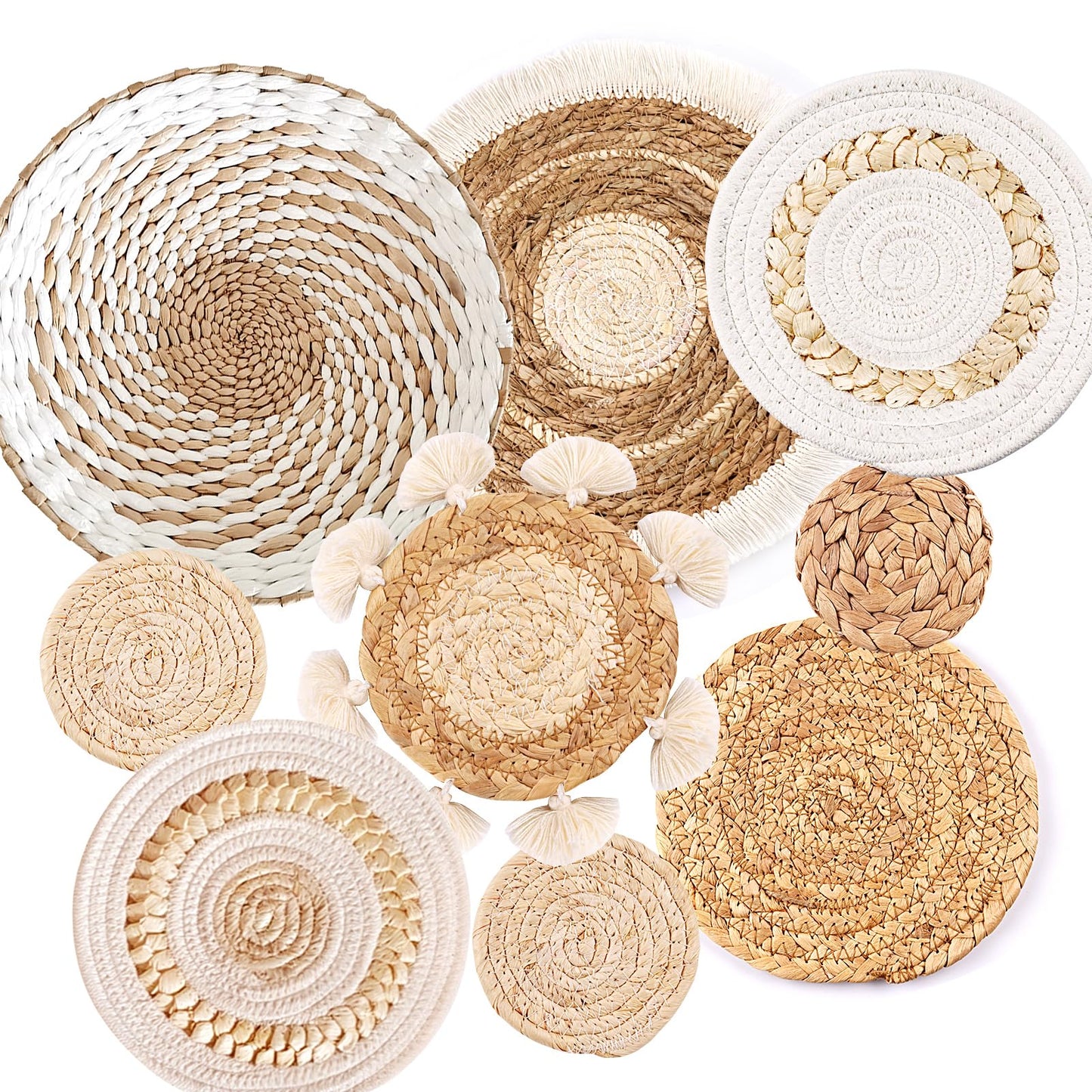 9 Pack Boho Wall Basket Set, hanging Woven Wall Basket Decor, Seagrass Rattan Wicker Boho Wall Decor, Eco-Friendly Round Art for Farmhouse Bedroom Living Room Display Table Settings Kitchen Home