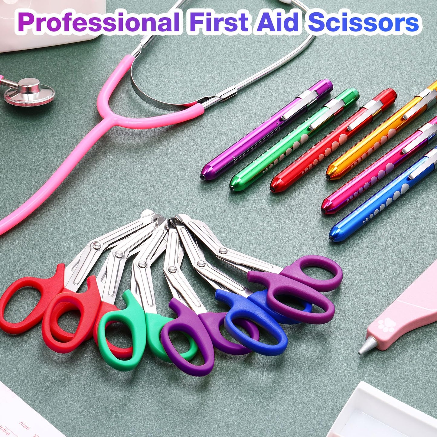 Chumia 24 Pack Trauma Shears Pen Light Bulk for Nurses Nursing Scissors with Pupil Gauge Bandage Nurse Scissors LED Penlight Medical Accessories Gifts for Doctor CNA RN First Aid EMT EMS (Rainbow)
