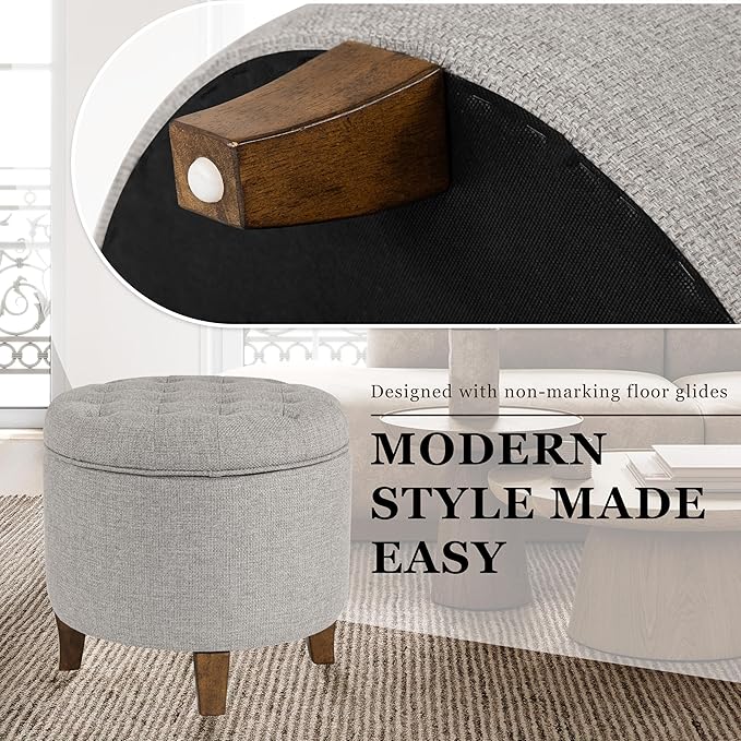 Homepop Home Decor | Upholstered Round Tufted Foot Rest Ottoman | Ottoman with Storage for Living Room & Bedroom | Decorative Home Furniture, Gray Fabric