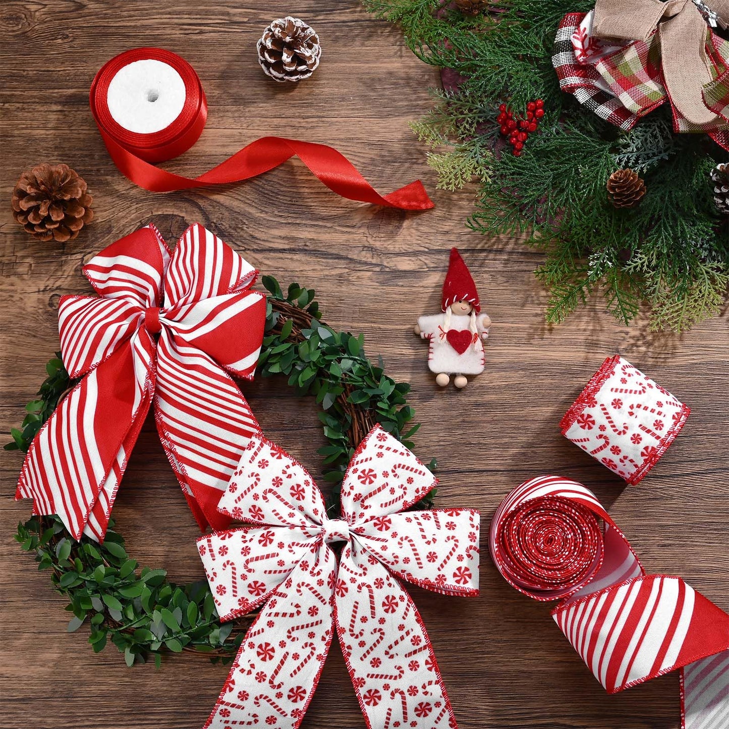 2 Rolls 12 Yards Christmas Candy Cane Wired Edge Ribbons Red White Stripes Burlap Fabric Craft Ribbons for Xmax Craft Wreath Bow Making Gift Wrapping Christmas Tree Decoration Supplies, 2.5 Inch