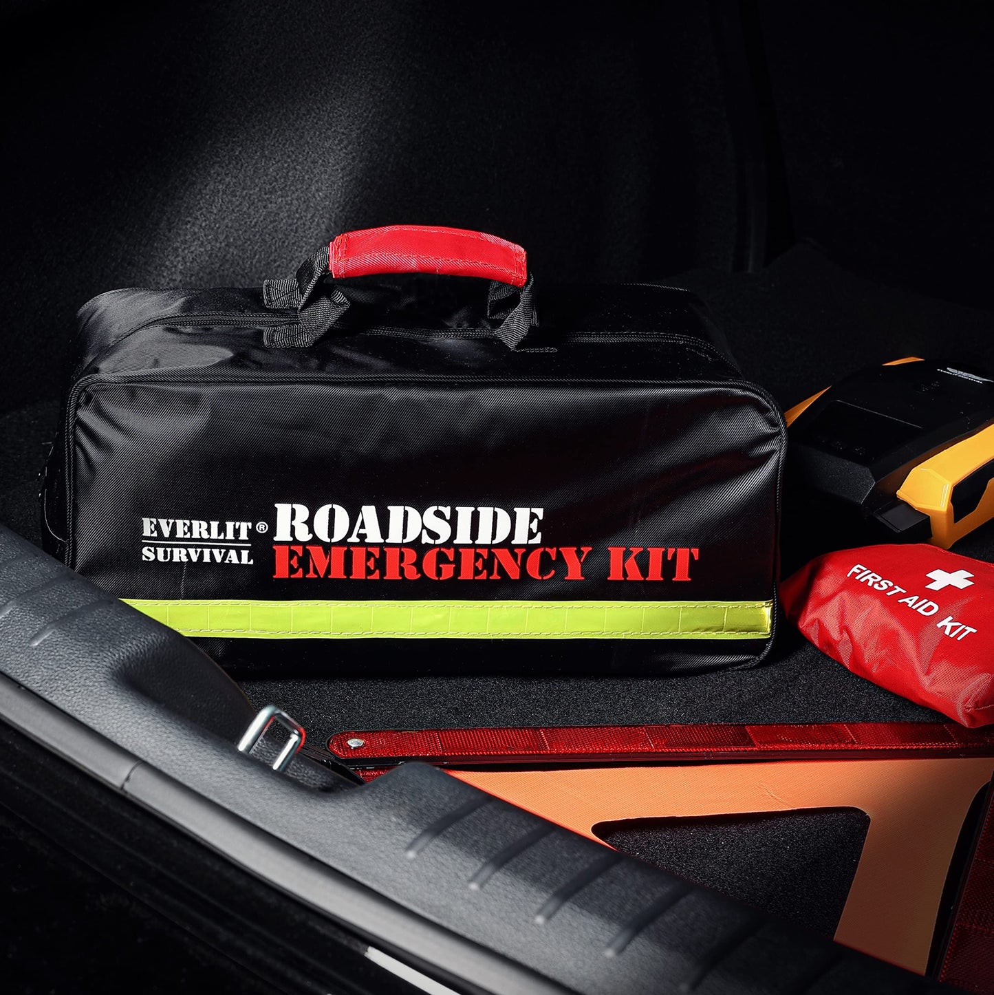 Everlit Survival Car Emergency Kit, Roadside Safety Tool Kit with Gloves,Digital Auto Air Compressor Tire Inflator, First Aid Kit, 12 Feet Jumper Cable, Tow Strap, Flashlight for Women, Men, Teenagers