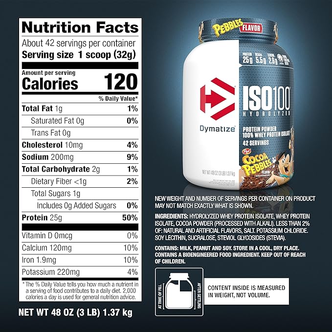 Dymatize x Cocoa Pebbles ISO100 Whey Protein Powder Isolate, 25g of Protein, 42 Servings, 5.5g BCAAs, 120 Cal., Gluten Free, 1g Fat, 1g Sugar, 2g Carb