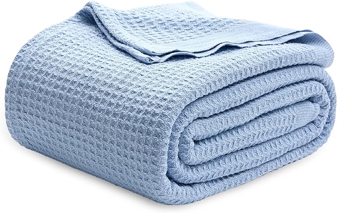 Bedsure 100% Cotton Blanket Queen Size for Bed - Breathable and Soft, Waffle Weave Blanket for Summer Spring, Sky Blue, 90x90 Inches