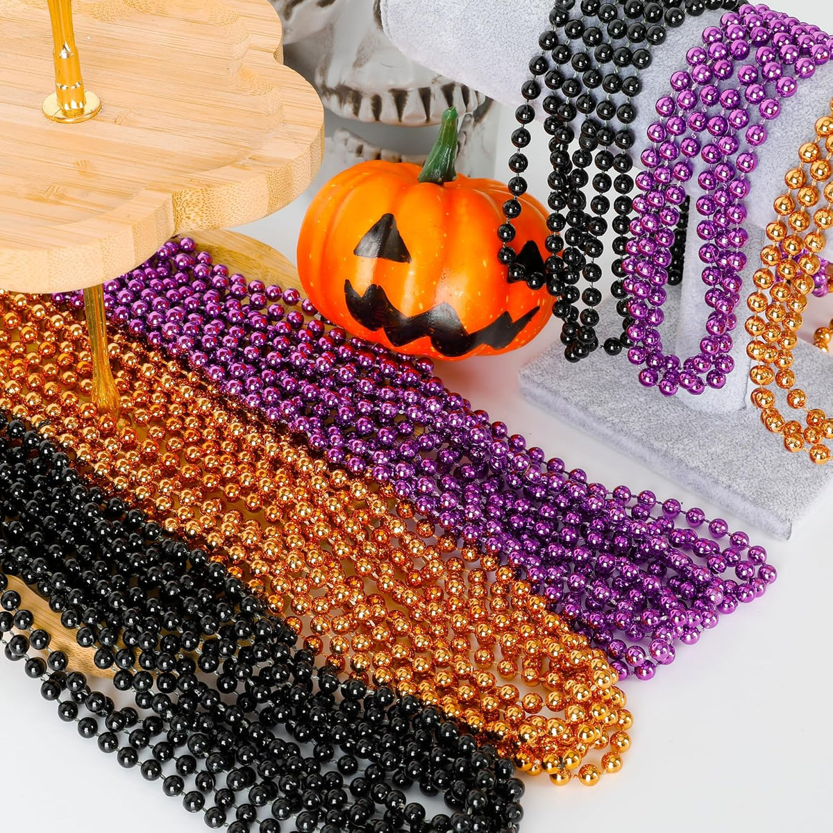 100PCS Halloween Beads, Purple Black Orange Bead Party Favors, 33" Halloween Toy Necklaces Accessories, Festival Parade Throw Accessories for Trick or Treat Decorations