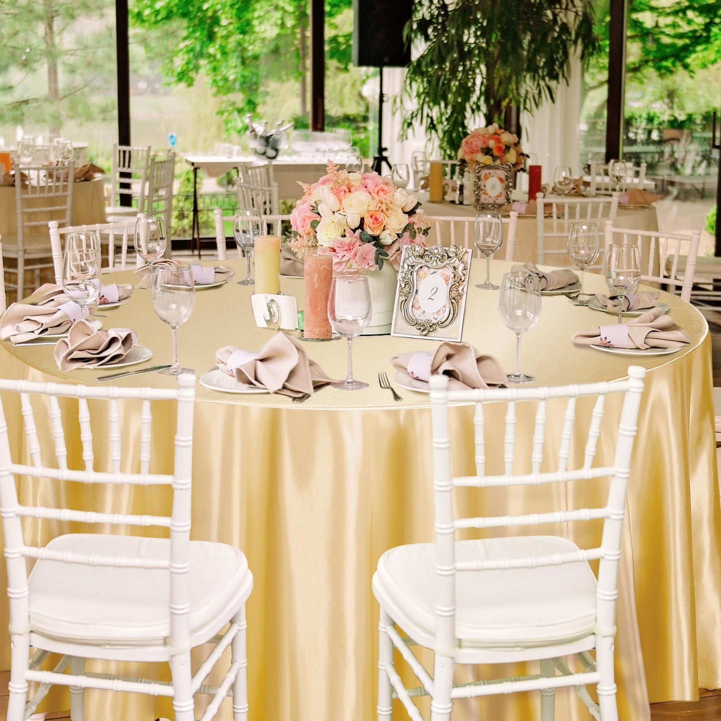TURSTIN 2 Pieces Round Satin Tablecloth 120 Inches Overlay Table Cover Smooth Fabric Table Decor Bright Silk Tablecloth for Holiday Dinner Wedding Banquet Decoration (Champagne)