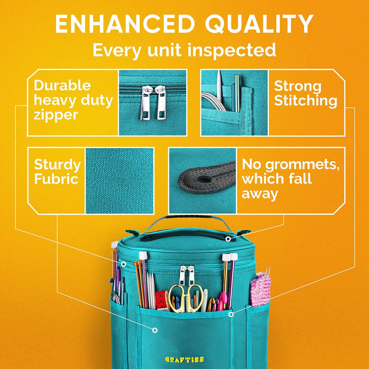 CRAFTISS Knitting Bag Yarn Storage - Mothers Day Gift - Durable Canvas Yarn Holder for Crochet Accessories - Organizer Crochet Bag with Knitting Accessories Case (Turquoise)
